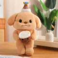 Adorable butter poodle plush toy wearing a festive birthday hat and holding a boba tea cup - Happy Everyday Style / 30cm