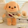 Cute butter poodle plush toy in a grey red heart sweater with a beige crossbody bag - Khaki Heart Sweater Style / 30cm
