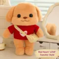 Adorable butter poodle plush toy dog wearing a red knitted sweater with heart pattern - Red LOVE Sweater / 30cm