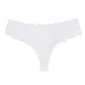 White lace thong detail shot, semi-transparent floral pattern, comfortable mid-waist design. - S / White
