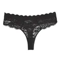 Close-up view of a sexy black lace thong showing intricate translucent floral patterns and edges. - S / Black