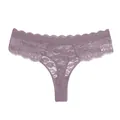 Close up view of women lace thong, semi transparent floral pattern, mid waist design. - S / Khaki