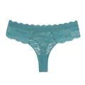 Detailed view of the teal lace women's thong, showing intricate floral patterns and soft fabric. - Wood Green