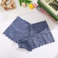 Detailed view of dark blue floral lace panties with seamless scalloped edges - Purple Blue Plaid