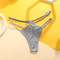 Detail view of grey ribbed thong with double waist strap design and metallic ring - S / Bottoms / Heather Grey