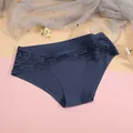 Women's seamless navy blue bikini panties with elegant floral lace waistband detail - S / Bottoms / Sky Blue