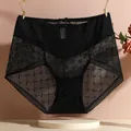 Detail of black high-waisted lace panties with elegant geometric pattern mesh - S / Black