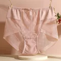 High-waist lace panties for women with breathable mesh and bow detail in soft pink color - S / Apricot