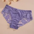 Detail view of purple lace patchwork panties with sexy translucent design and low waist - Lotus