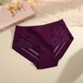 Close-up of purple mid-waist briefs featuring mesh side panels and a delicate bow detail. - S / Bottoms / Grape Purple