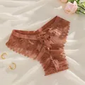 Culotte sexy en dentelle rouge rouille à taille basse pour femme avec nœud et maille fine - S / Jaune Brique