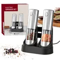 Rechargeable electric salt and pepper grinder set with stainless steel finish and charging base - Button Base Charging Style (KYMQ-32C-H52)