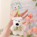 Detail of white fluffy puppy plush keychain with green polka dot bow and nice tag - Green Bow / 12cm