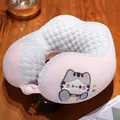 Almohada cervical rosa en U con bordado de gato lindo y tela fresca y transpirable - Gato Abrazador (040) / 30*30cm / Gato gris