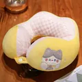 Almohada de cuello en U refrescante rosa y amarilla con bordado de gato lindo - Gato Abrazador (040) / 30*30cm / Gato Café