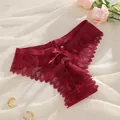Erotic red lace thong panties with bow tie element - Wine Red