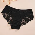 Elegant black lace low-waist briefs featuring semi-transparent floral detailing and bow. - S / Bottoms / Black