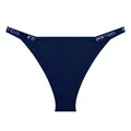 Navy blue ribbed cotton bikini panties featuring a white FINETOO lettered waistband - M / Bottoms / Dark Blue