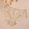 Sexy nude lace stitching low-waist women's panties with floral patterns and bow - S / Bottoms / Beige