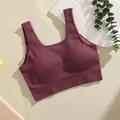 Seamless ribbed yoga sports bra with removable pads in burgundy for fitness workout. - XS / Tops / Deep Bean Paste