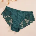Elegant dark green low-waist women's briefs with semi-transparent floral lace panels - Wood Green