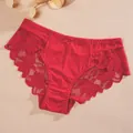 Sexy red lace low-waist panties for women featuring floral embroidery and small bow detail - Red