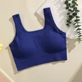 Deep blue ribbed sports bra with square neck and removable chest pads for yoga fitness. - Sapphire Blue