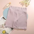 High-waisted pink ribbed yoga shorts with tummy control compression waist band - S / Bottoms / Light Khaki