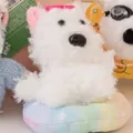 Cute white fluffy West Highland White Terrier plush doll keychain with a rainbow donut base - Sunglasses Style / 12cm