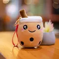 Cute boba tea plush keychain with smiling face and red strap accessory - Round Eyes Style (Meihua) / 10cm / Brown