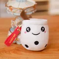 Adorable white plush boba tea cup keychain featuring a smiley face and Lucky Day red strap - Round Eyes Style (Meihua) / 10cm / White