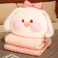 Süße weiße Hasen-Plüschpuppe mit rosa Schleife, 2-in-1 Kissen-Decken-Kombi für das Büro - Klein 40x30cm (Decke 1.5x1M) / Weiß
