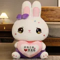 Detailed shot of a cute white plush rabbit toy holding a pink love heart pillow - 37cm / Pink
