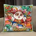 Vibrant Chinese style cartoon rabbit throw pillow with festive mint green and red pattern - 42*42cm / Happy