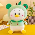 Cute white duck plush toy wearing a green watermelon themed hoodie on a yellow table - Green / 45cm