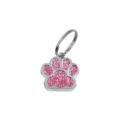 Pink glitter dog paw print pet identification tag with silver metal ring for collars - 15x18mm / Pink
