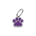 Customizable purple glitter paw-shaped pet ID tag for dogs with silver metal split ring - 15x18mm / Purple