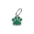 Durable small paw shaped pet ID tag with green glitter enamel and silver split ring - 15x18mm / Dark Green