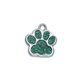 Green glitter dog paw print pet tag charm with silver metal border for DIY jewelry - 15x18mm / Dark Green