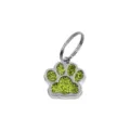 Dog paw pet ID tag with green glitter finish and silver split ring attachment - 15x18mm / Light Green