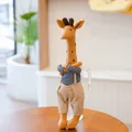 Cute dressed giraffe plush toy in striped shirt and linen overalls for kids room decor - Light Brown Overalls / 45cm