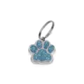 Glittery blue paw print pet ID tag pendant with silver metal ring for DIY collars - 15x18mm / Lake Blue