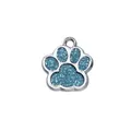 Small dog paw print pendant with sparkling blue glitter and silver metal frame for pet tags - 15x18mm / Lake Blue