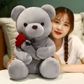 Cute grey teddy bear plush toy holding a red rose, perfect Valentine's Day gift for her - 23cm / Gray
