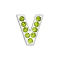 Perla lettera V da 8 mm con strass verde chiaro incastonati in metallo argentato - Lettera V