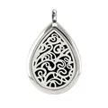 Stainless steel teardrop aromatherapy pendant with intricate hollow filigree pattern - Vine Scroll Style (009) / Silver