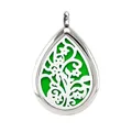 Stainless steel teardrop aromatherapy locket diffuser pendant with green felt pad insert - Hollowed Floral Style (016) / Silver
