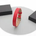 10mm red genuine leather wristband strap with adjustable buckle and stitching - Round Buckle / 10mm / Red