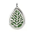 Stainless steel teardrop aromatherapy locket with green felt pad and leaf cutout - Leaf Hollow Style (018) / Silver