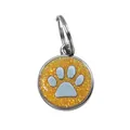 Kleiner runder Haustieranhänger mit silberner Pfote auf orangefarbenem Glitzer - Pfotenabdruck Anhänger mit Metallring (HC459) / 19mm*23mm / Orange